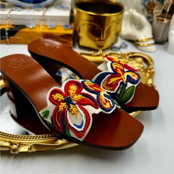 🆕 TORY BURCH 🧿 NWOT Bianca Floral Bead Embellished Slide Sandal - Ivory Multi - Picture 5 of 16